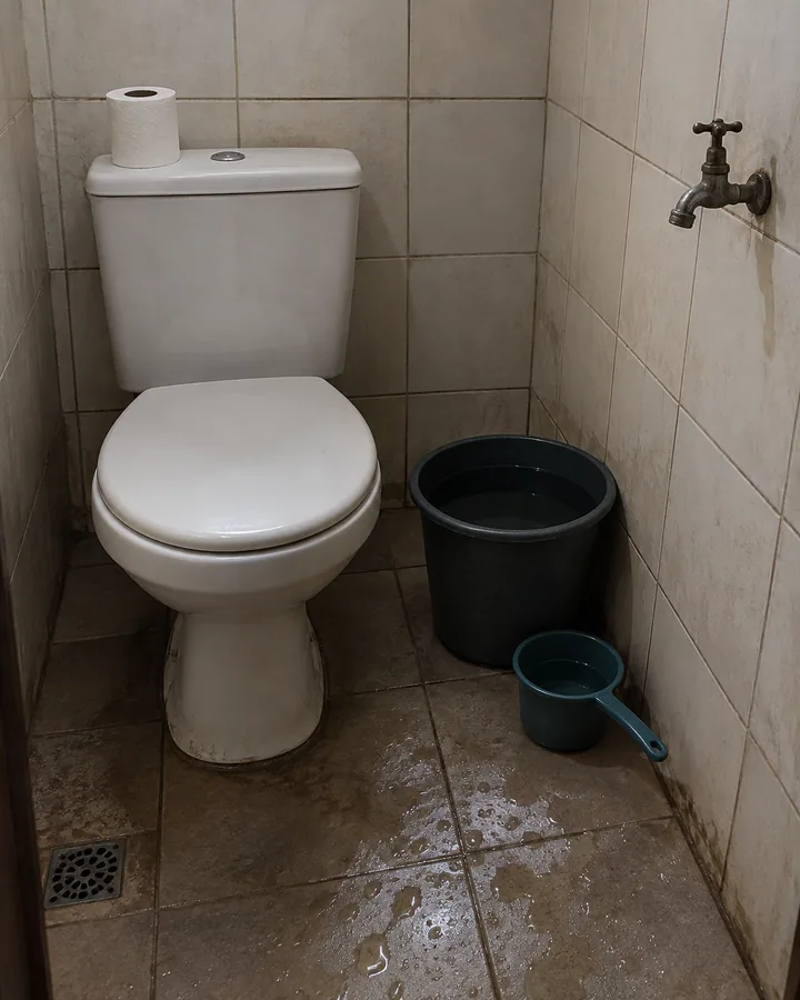 Banheiro com vaso de caixa acoplada, balde e caneca no chão, sem ducha higiênica